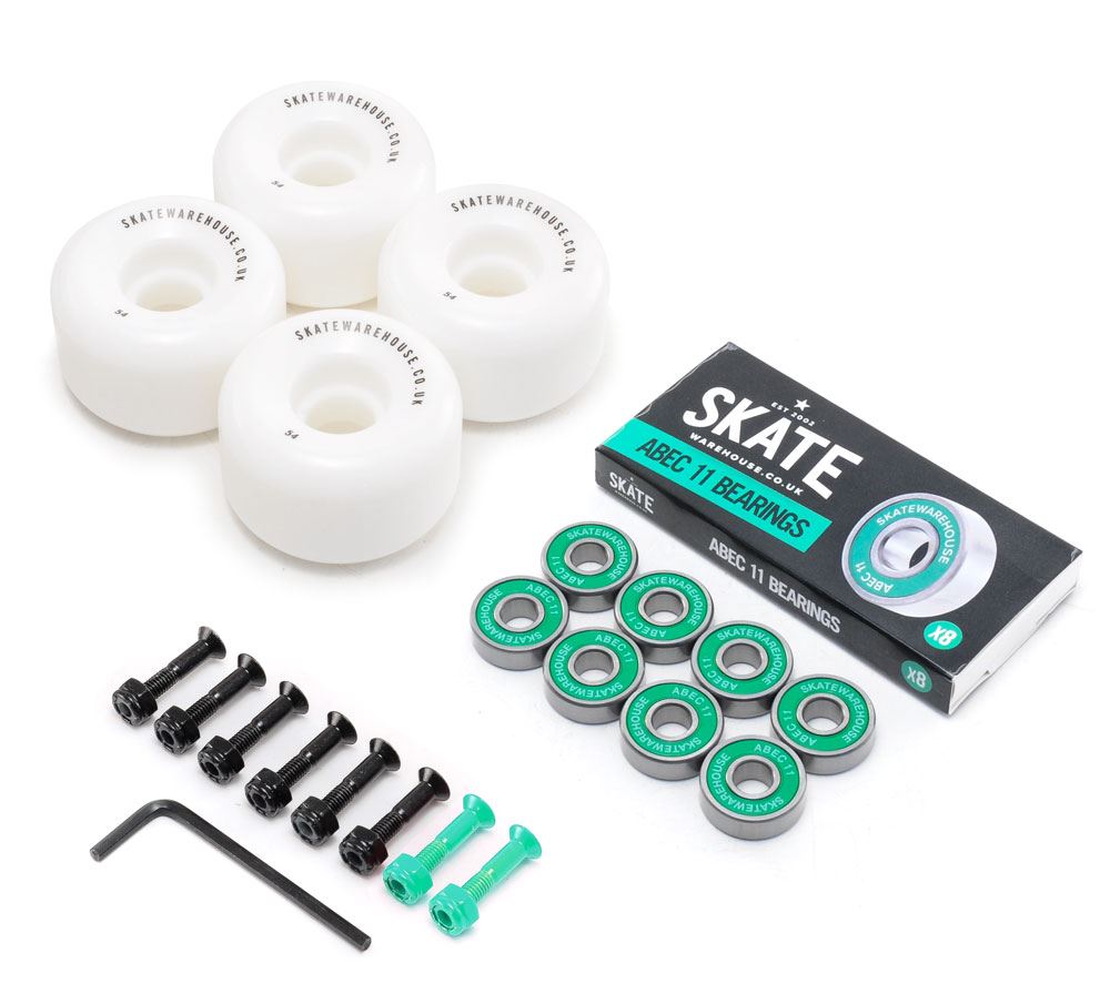 Skatewarehouse Conical Skateboard Wheels & Skatewarehouse ABEC 11 Bearings Pack + Bolts! - Skatewarehouse.co.uk
