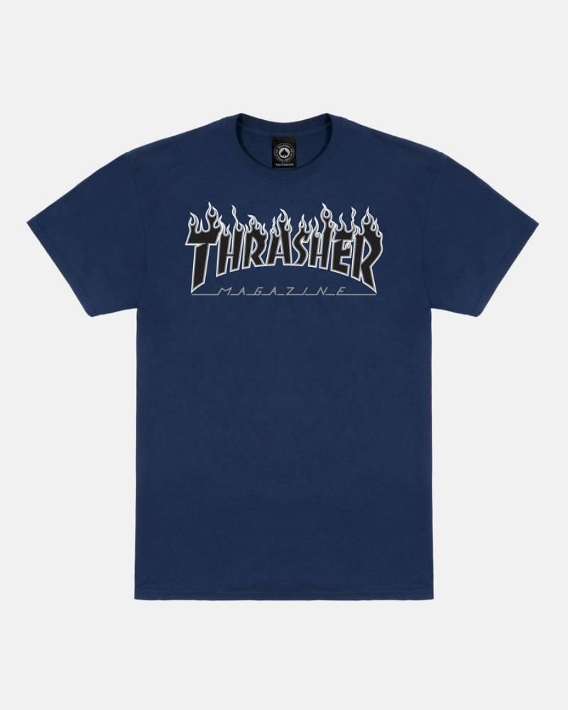 Thrasher T-Shirt Flame - Navy / Black - Skatewarehouse.co.uk