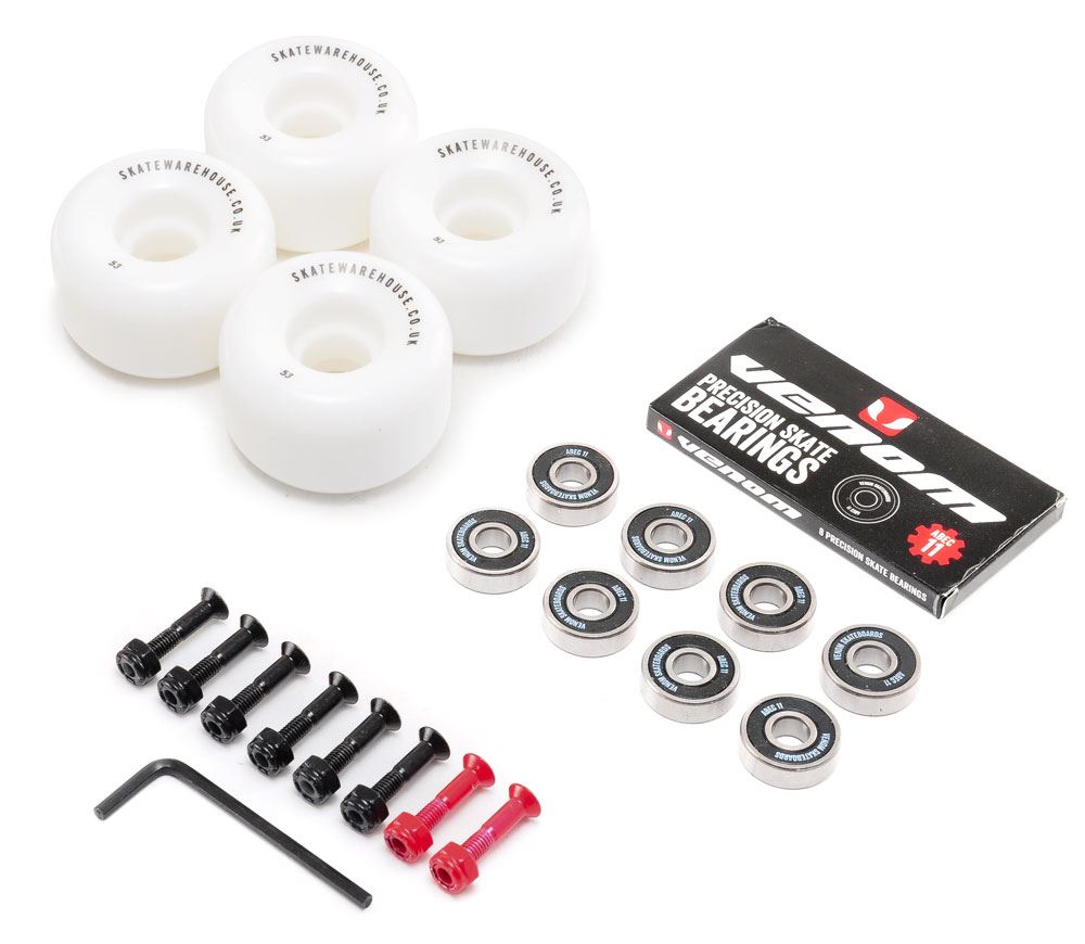 Pack Roues Skatewarehouse Conical Skateboard &amp; Roulements Venom ABEC 11 + Boulons !