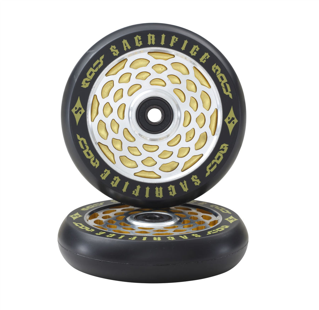 Sacrifice Spy 110mm Scooter Wheels Silver/Gold (Pair) + ABEC 9 Bearings - Skatewarehouse.co.uk