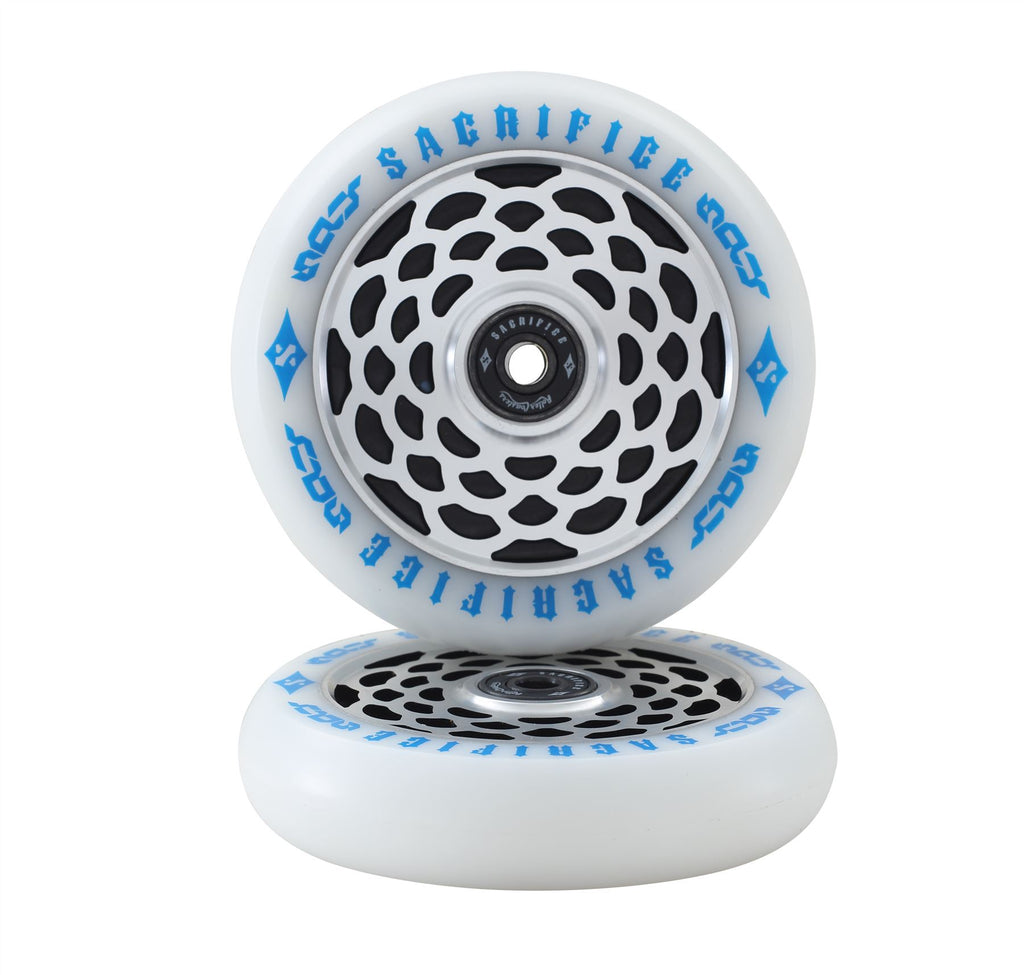 Sacrifice Spy 110mm Scooter Wheels Blue/White/ Slv (Pair) + ABEC 9 Bearings - Skatewarehouse.co.uk