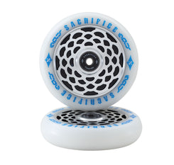 Sacrifice Spy 110mm Scooter Wheels Blue/White/ Slv (Pair) + ABEC 9 Bearings - Skatewarehouse.co.uk