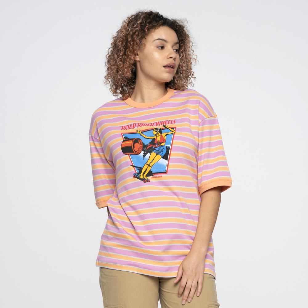Santa Cruz Womens T-Shirt Ad Strip Dolly Oversized Tee - Pink / Orange Stripe