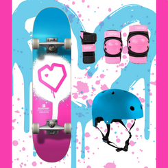 Blueprint Spray Heart Pink /Blue 7.25 Junior Skateboard Bundle