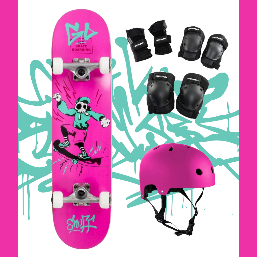 Enuff Skully Pink Kids Junior Complete Skateboard Bundle