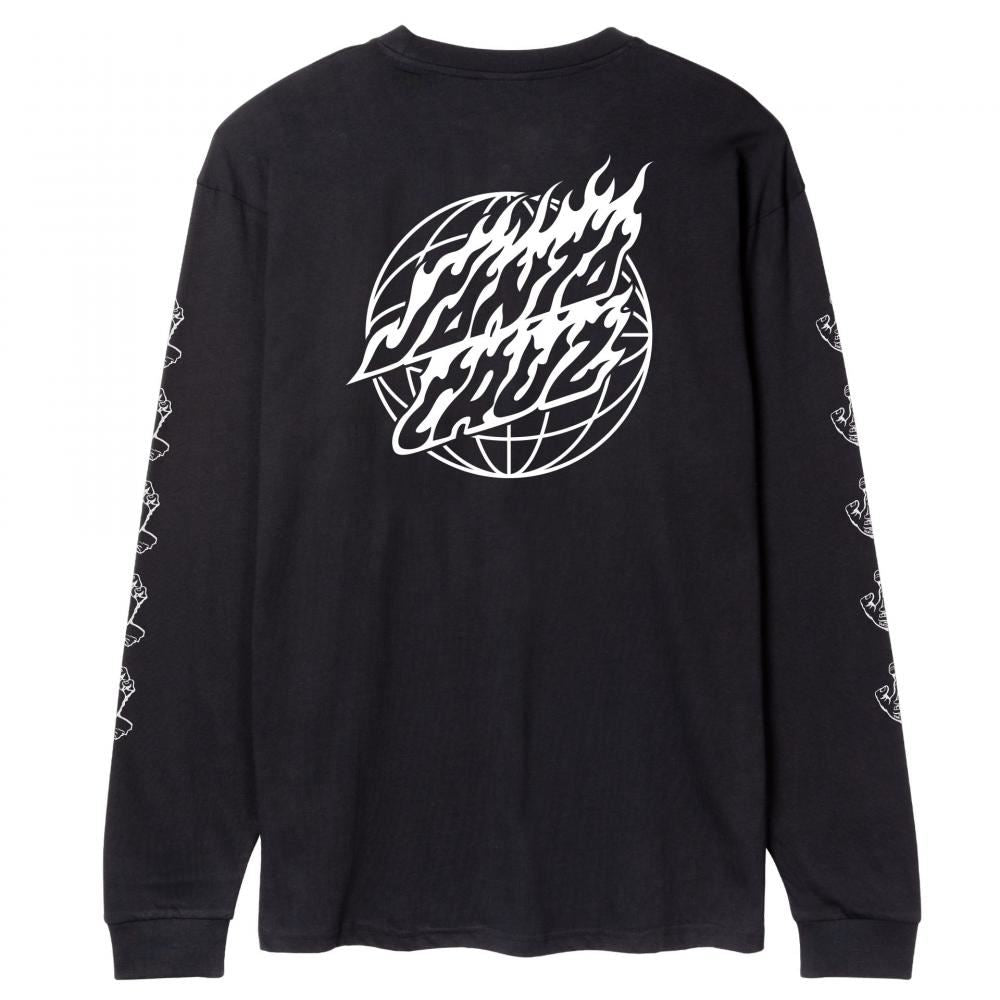 Santa Cruz L/S T-Shirt Global Flame Dot Mono - Black - Skatewarehouse.co.uk