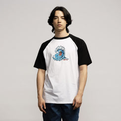 Santa Cruz Custom T-Shirt Screaming Wave Front Raglan - White / Black - Skatewarehouse.co.uk